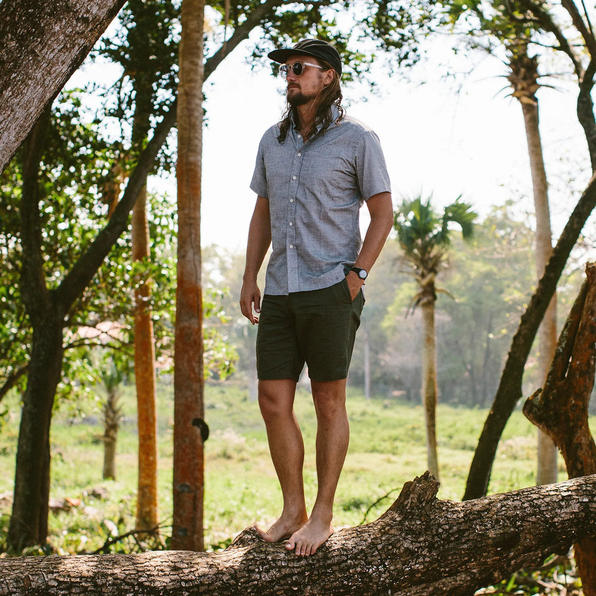 The Camp Short in Washed Olive Drab Herringbone