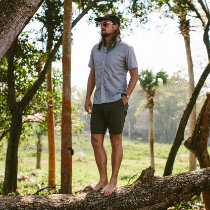 The Camp Short in Washed Olive Drab Herringbone