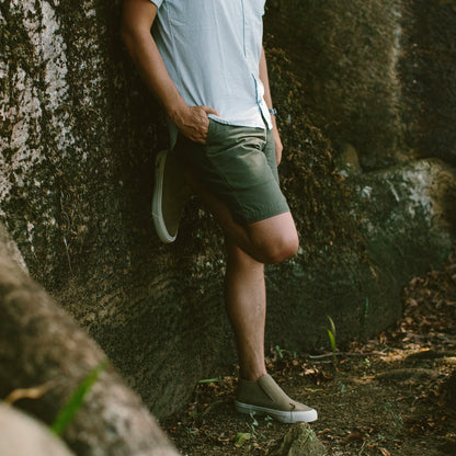 The Camp Short in Washed Olive Drab Herringbone
