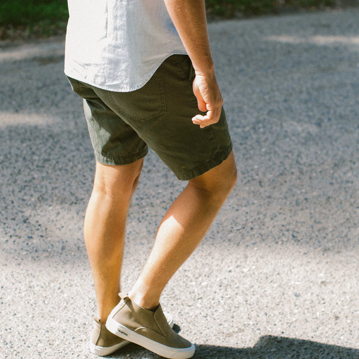 The Camp Short in Washed Olive Drab Herringbone