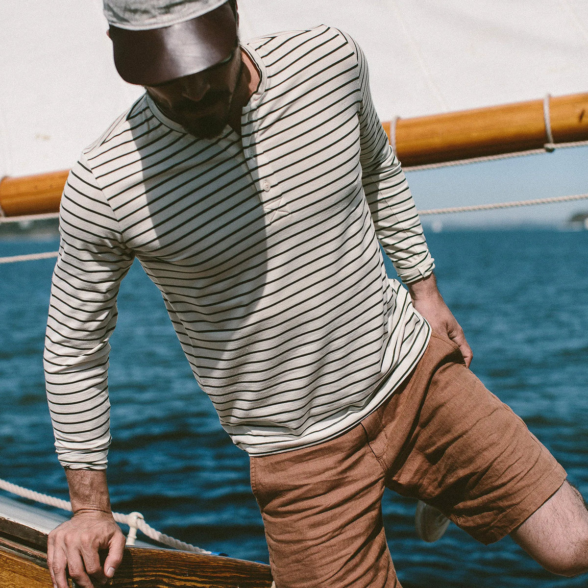 The Mercerized Merino Henley in Forest Stripe