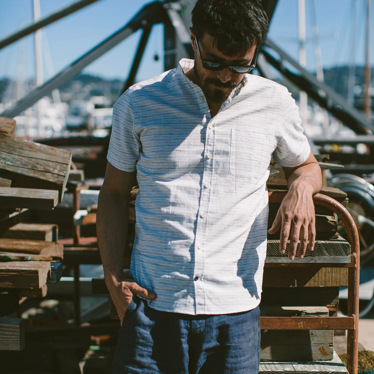 The Bandit in White & Navy Slub Stripe