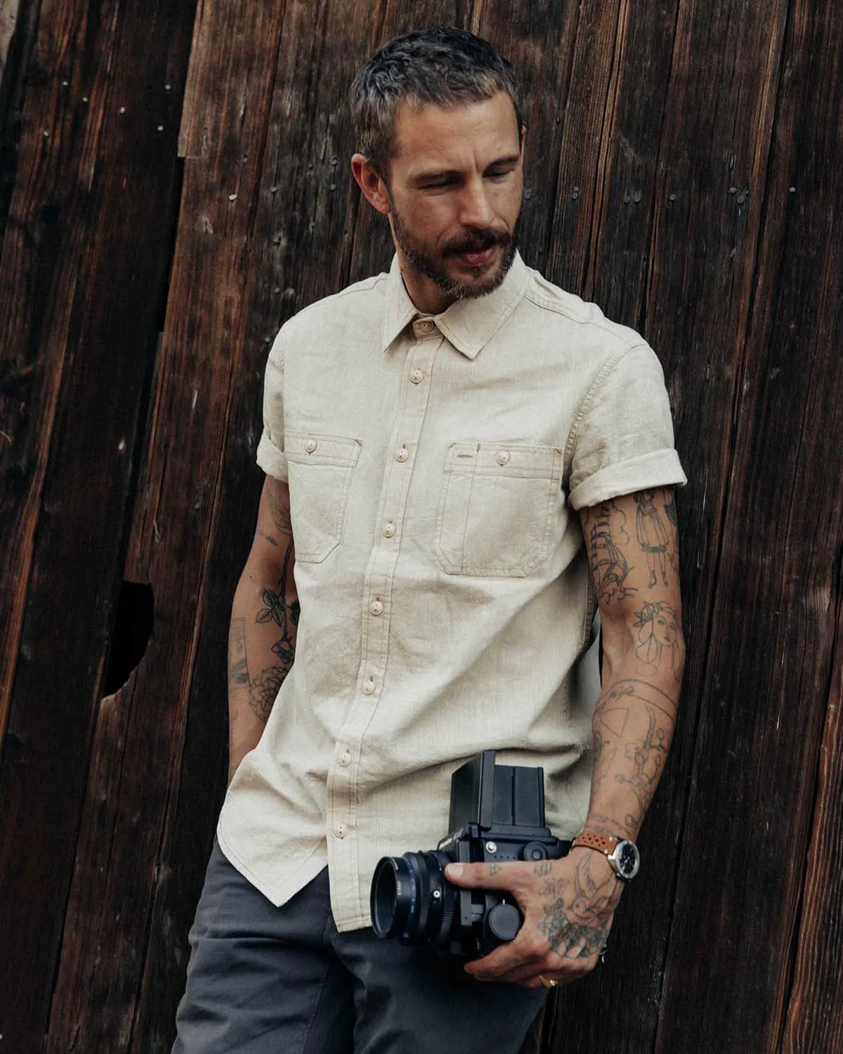 The Short Sleeve Utility Shirt in Natural Selvedge Chambray