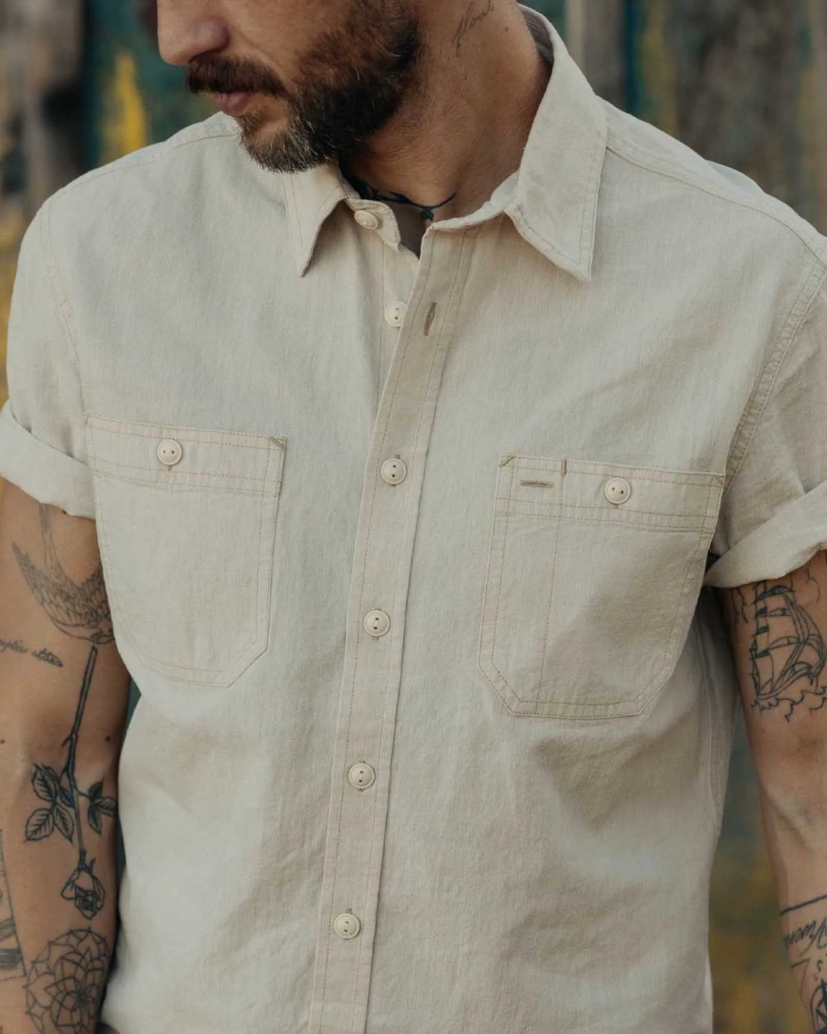 The Short Sleeve Utility Shirt in Natural Selvedge Chambray