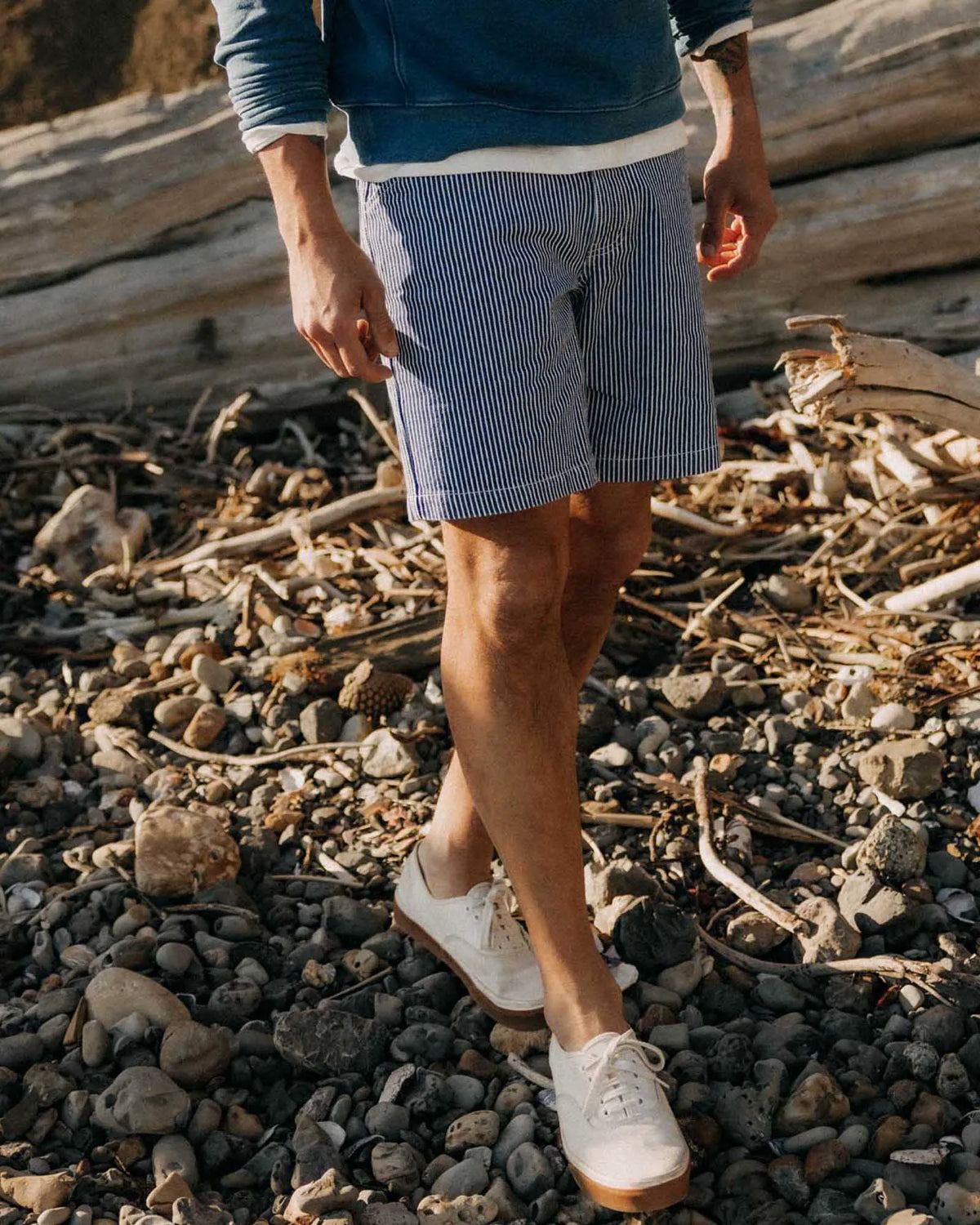 The Camp Short in Indigo Railroad Stripe Denim