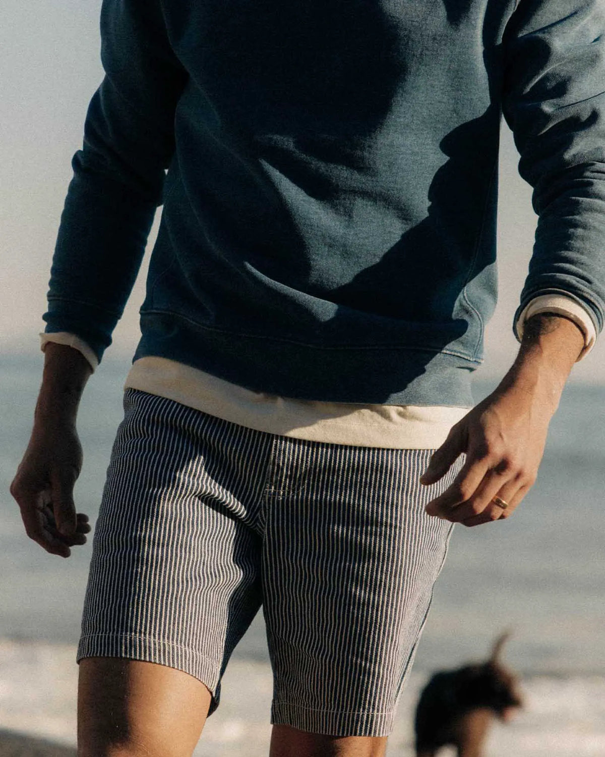 The Camp Short in Indigo Railroad Stripe Denim