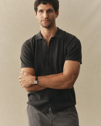 The Button Down Polo in Charcoal Herringbone