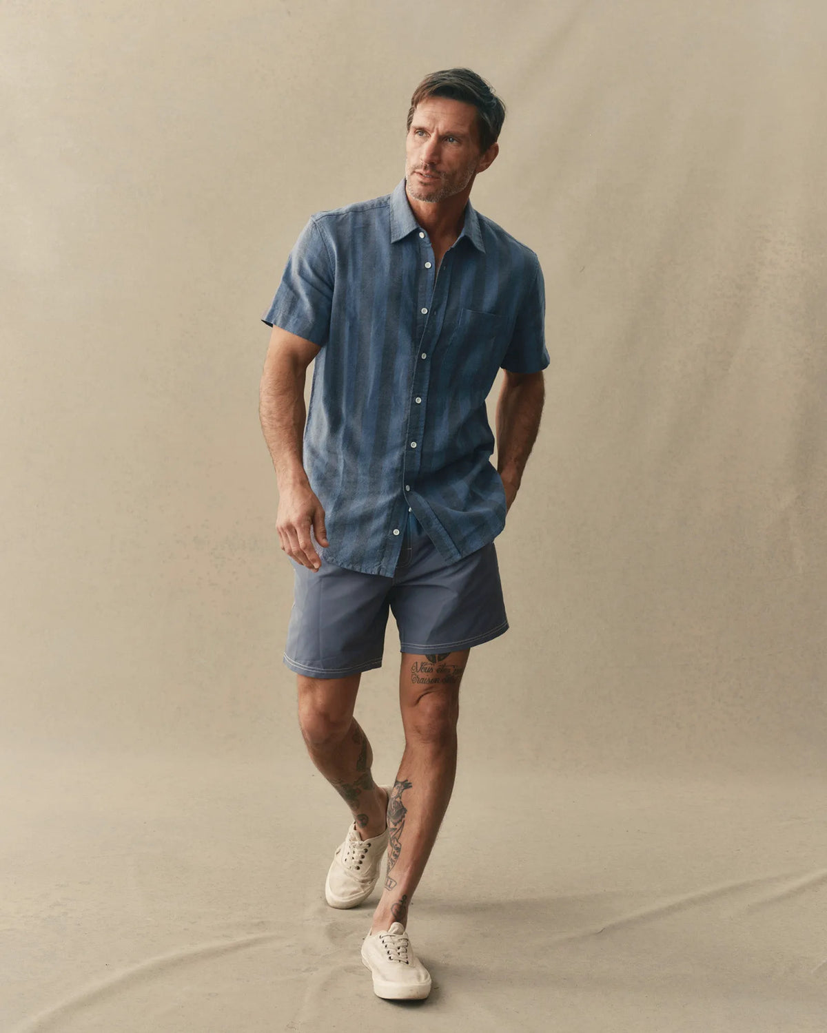 The Short Sleeve California in Blue Stone Stripe Hemp