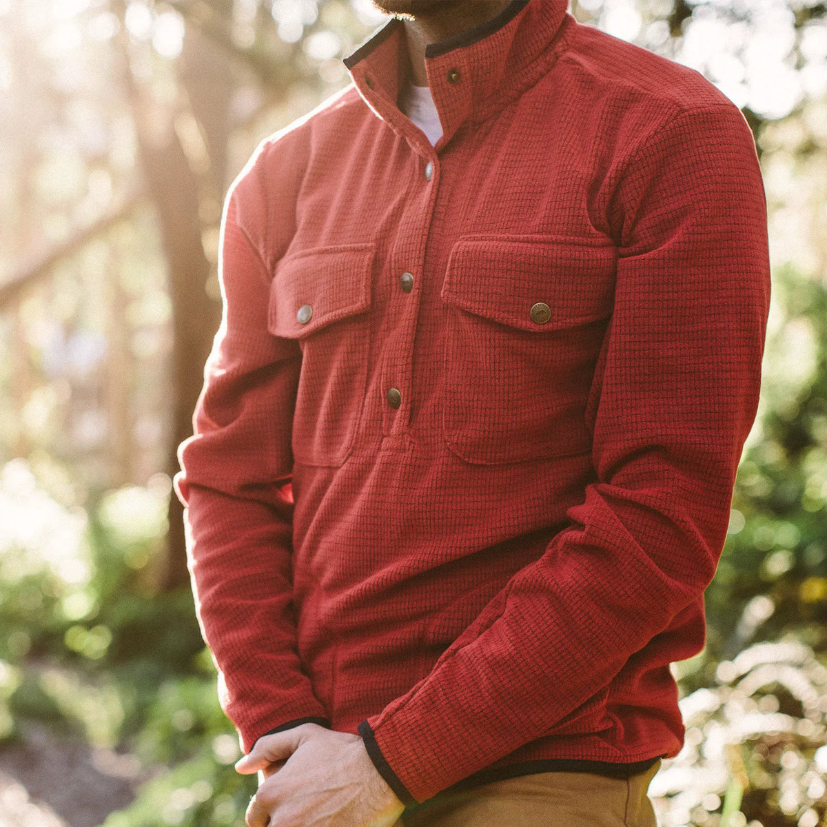 The Pack Pullover in Red Polartec Fleece
