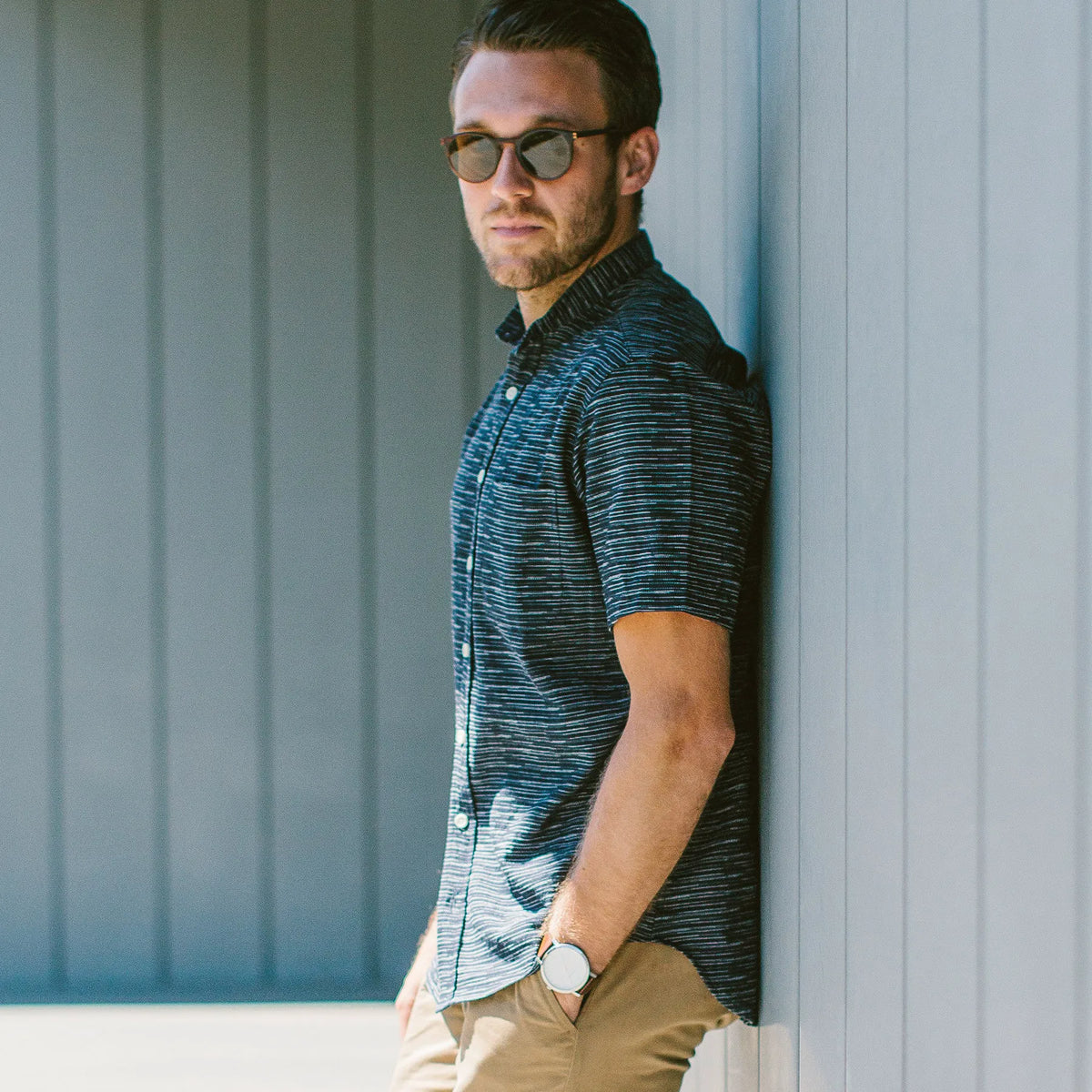 The Short Sleeve Bandit in Navy Slub Stripe