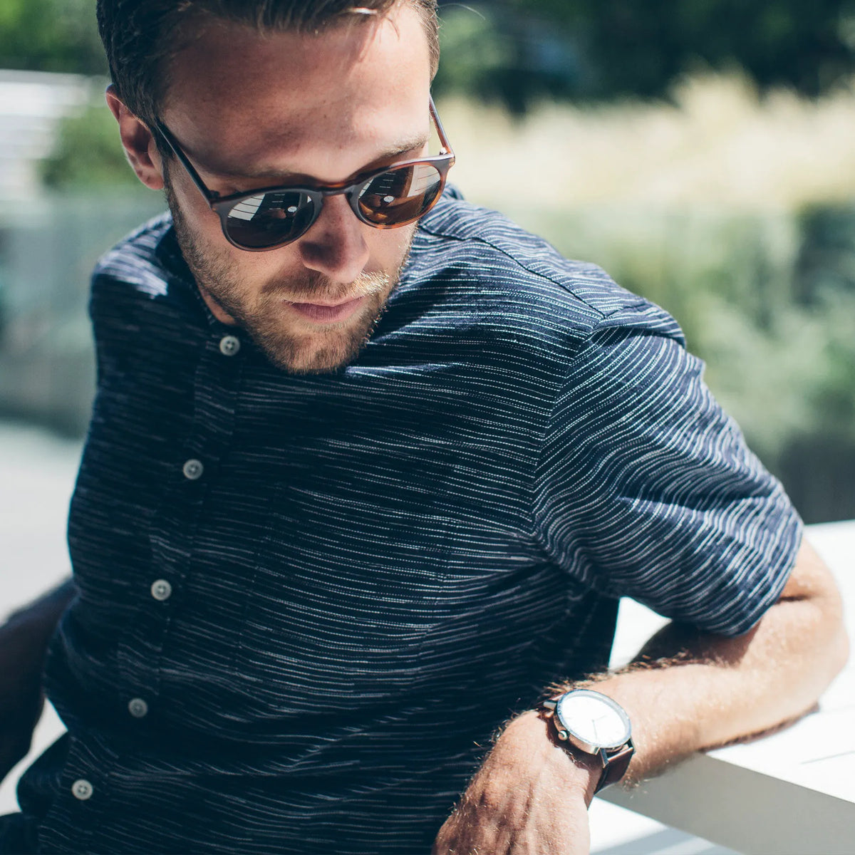 The Short Sleeve Bandit in Navy Slub Stripe