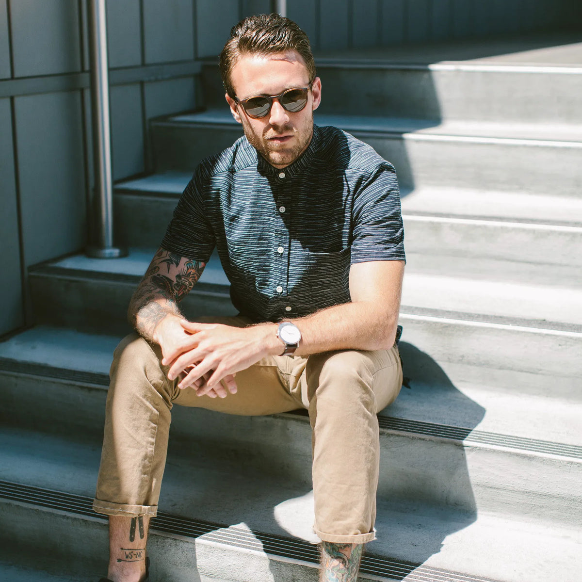 The Short Sleeve Bandit in Navy Slub Stripe