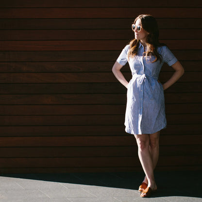 The Riley Dress in Indigo Stripe