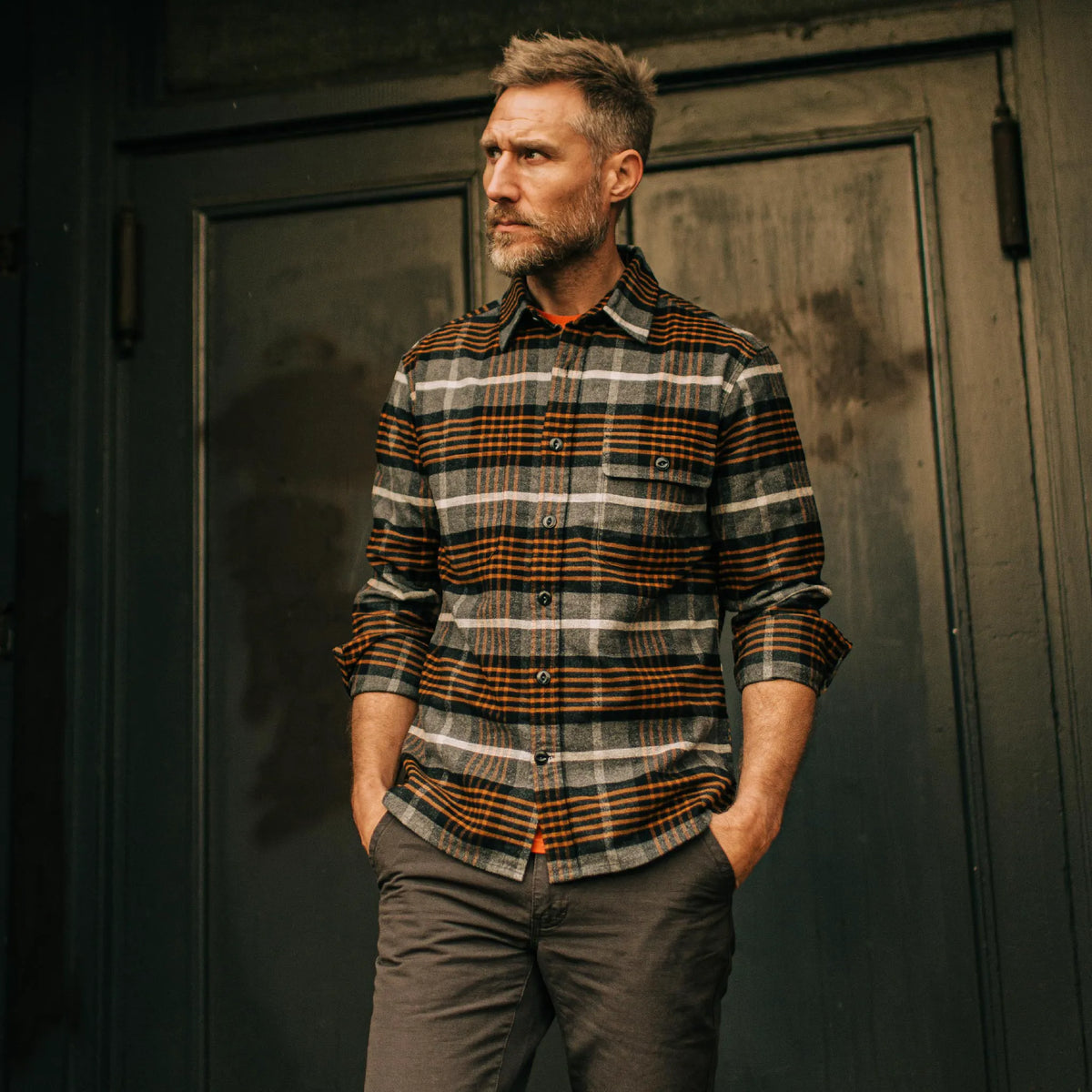 The Moto Shirt in Orange Plaid