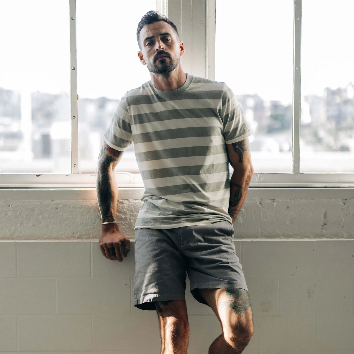 The Cotton Hemp Tee in Natural and Sagebrush Stripe