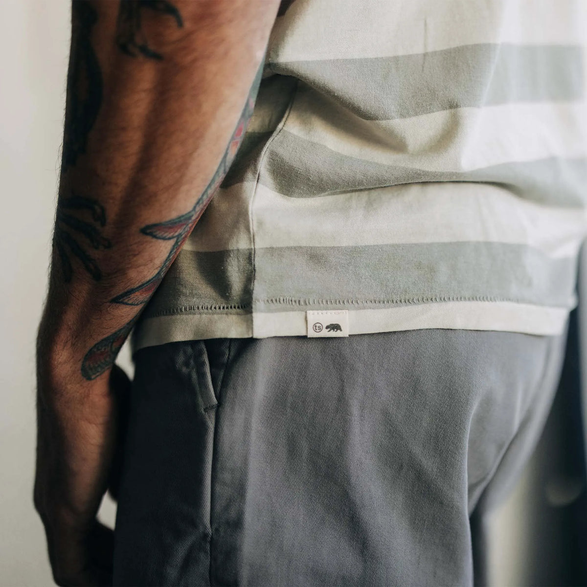 The Cotton Hemp Tee in Natural and Sagebrush Stripe