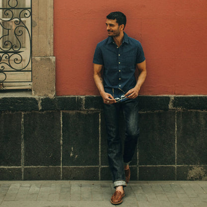 The Short Sleeve California in Indigo Jacquard Stripe