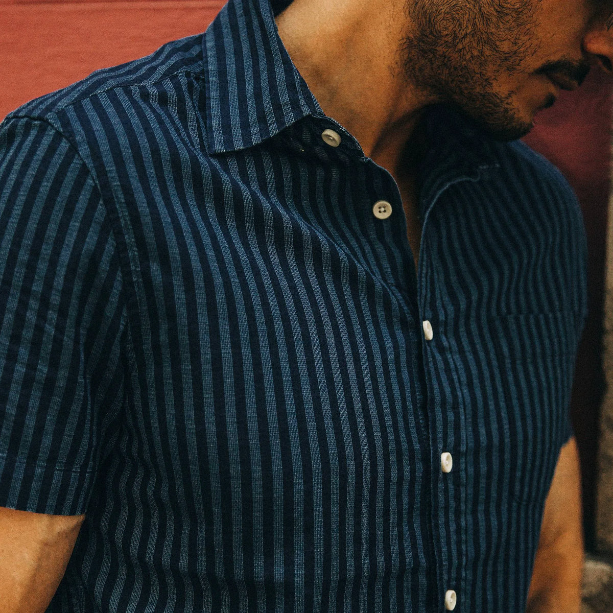 The Short Sleeve California in Indigo Jacquard Stripe
