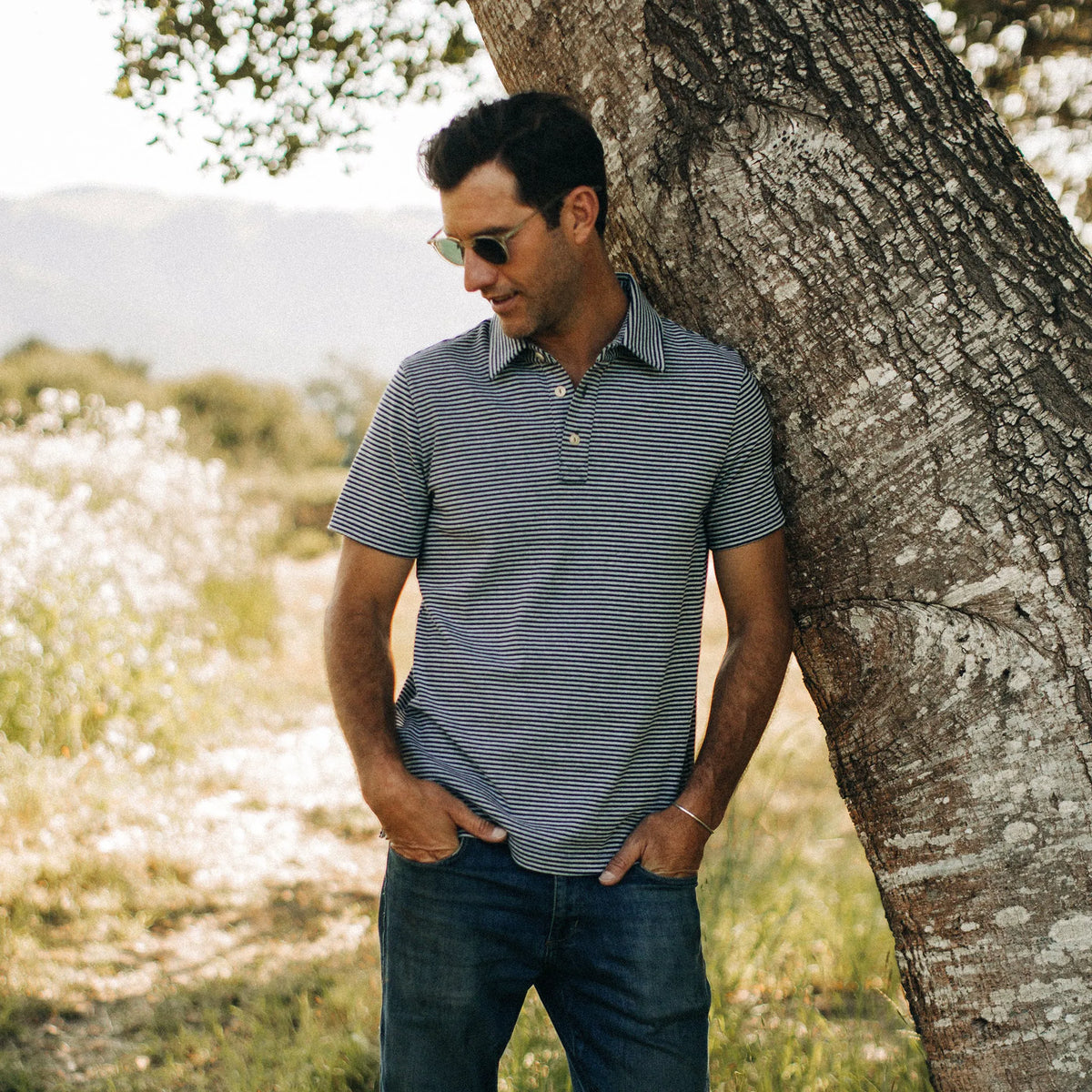 The Heavy Bag Polo in Navy and Ash Stripe