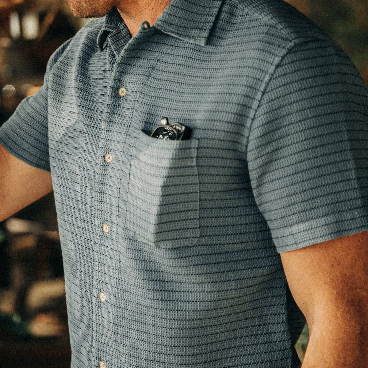 The Short Sleeve Hawthorne in Ocean Pickstitch Waffle