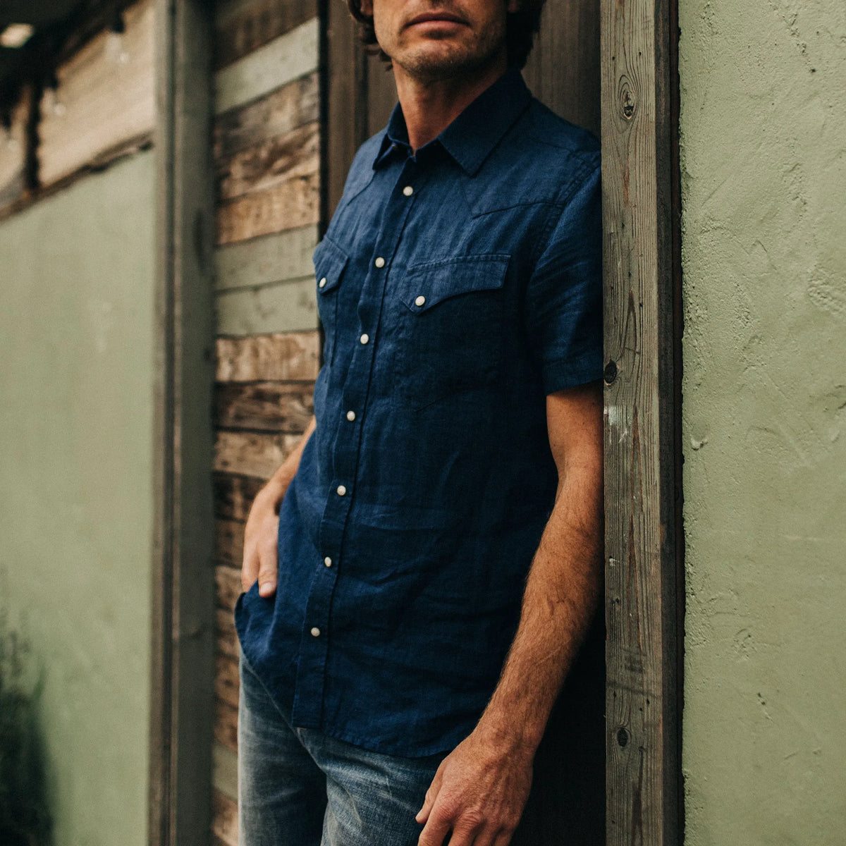The Short Sleeve Western in Indigo Linen