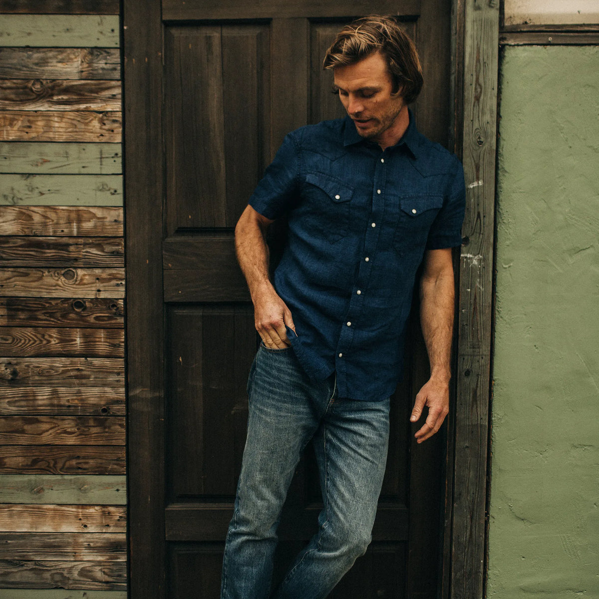 The Short Sleeve Western in Indigo Linen