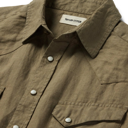 The Short Sleeve Western in Olive Linen