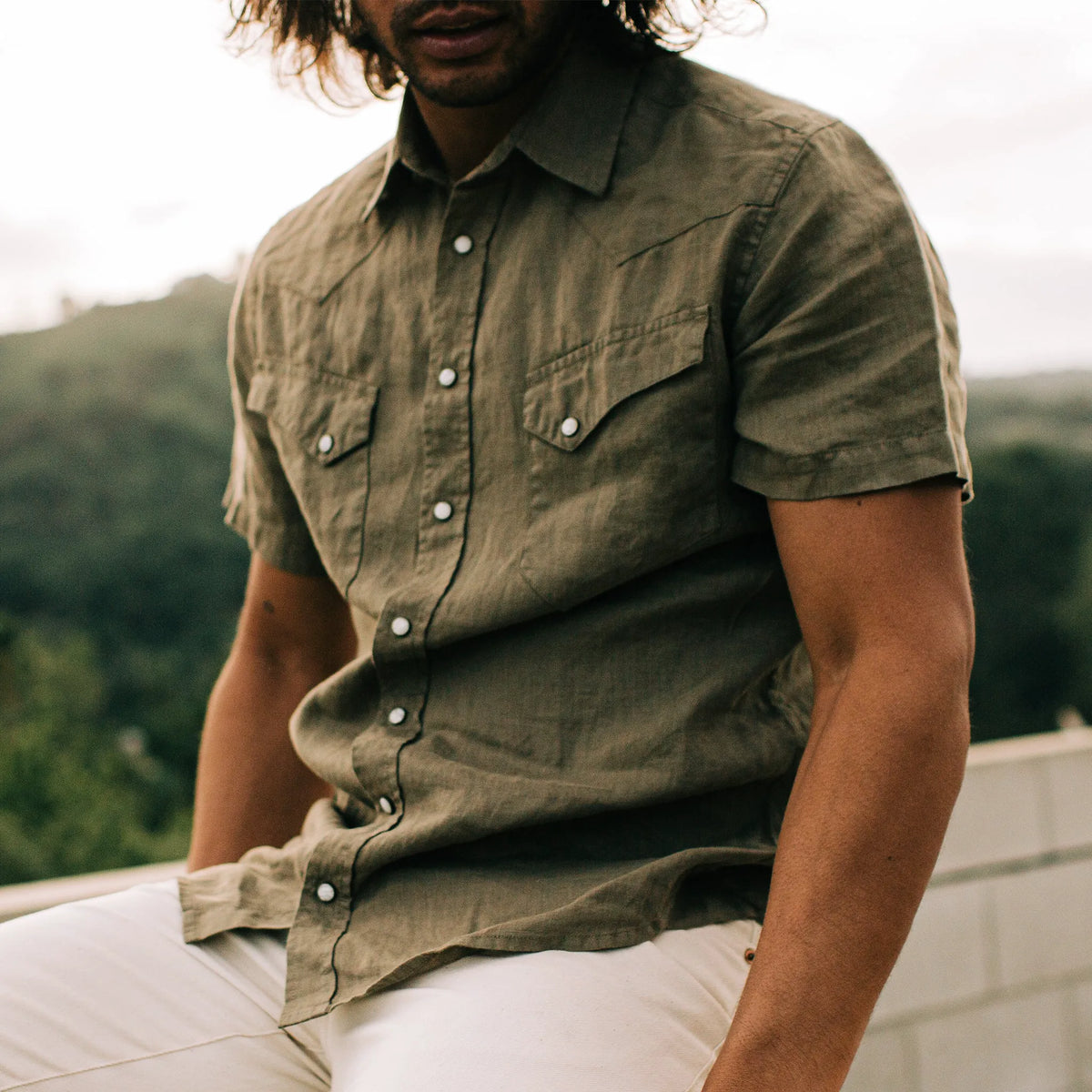 The Short Sleeve Western in Olive Linen