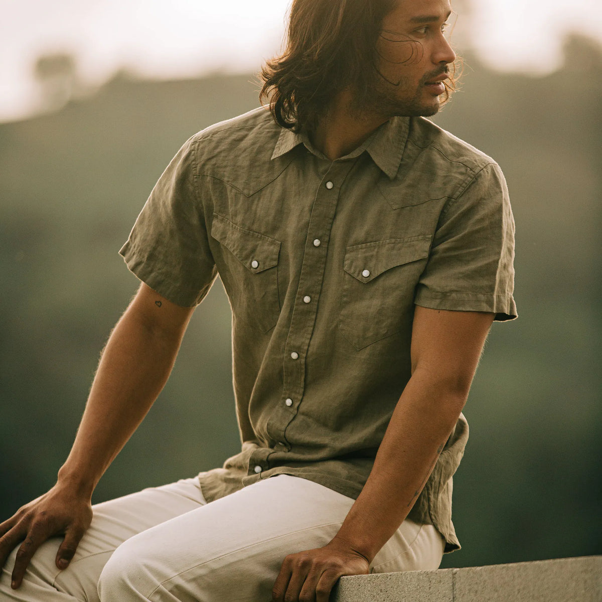The Short Sleeve Western in Olive Linen