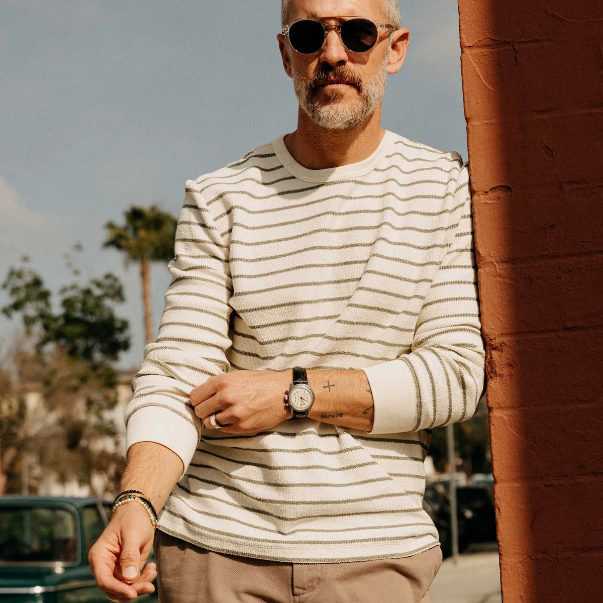 The Adams Crew in Cilantro Stripe Reverse Terry