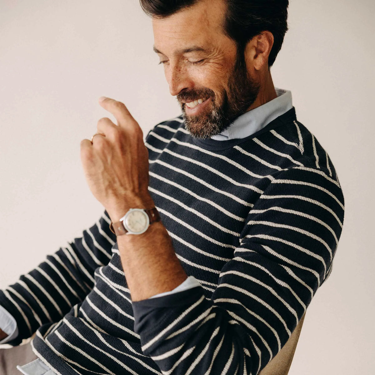 The Adams Crew in Dark Navy Stripe Reverse Terry
