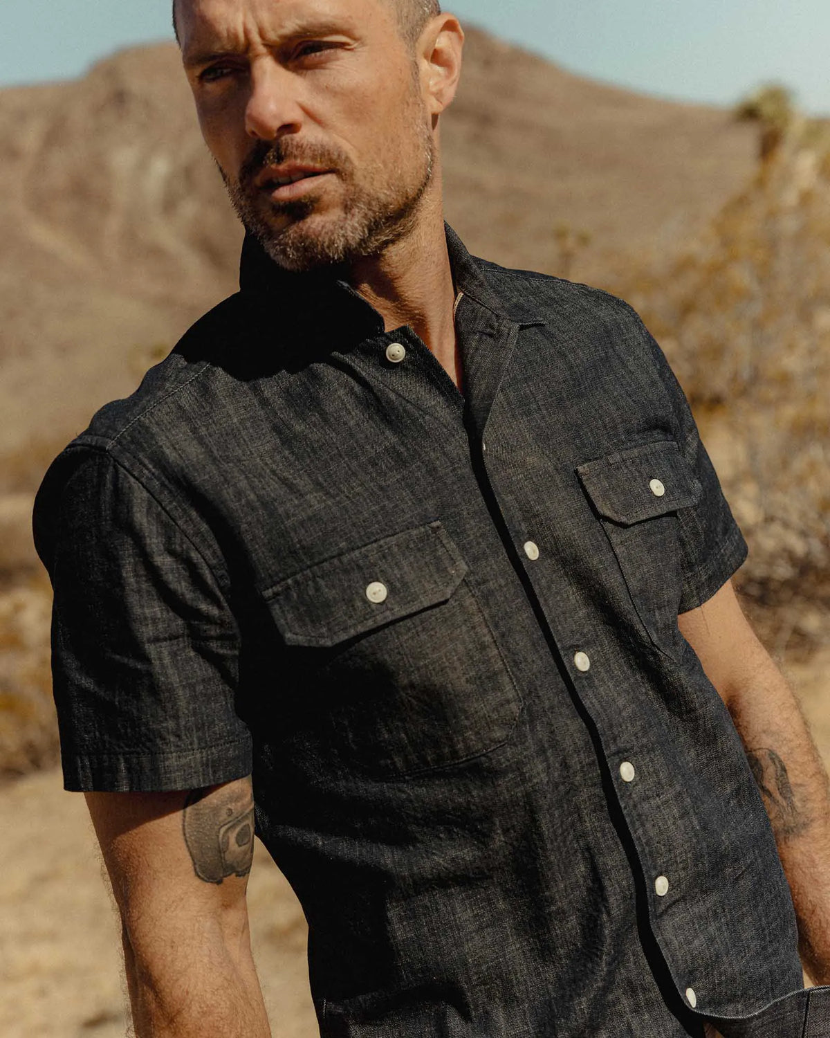 The Short Sleeve Mechanic Shirt in Rinsed Indigo Denim