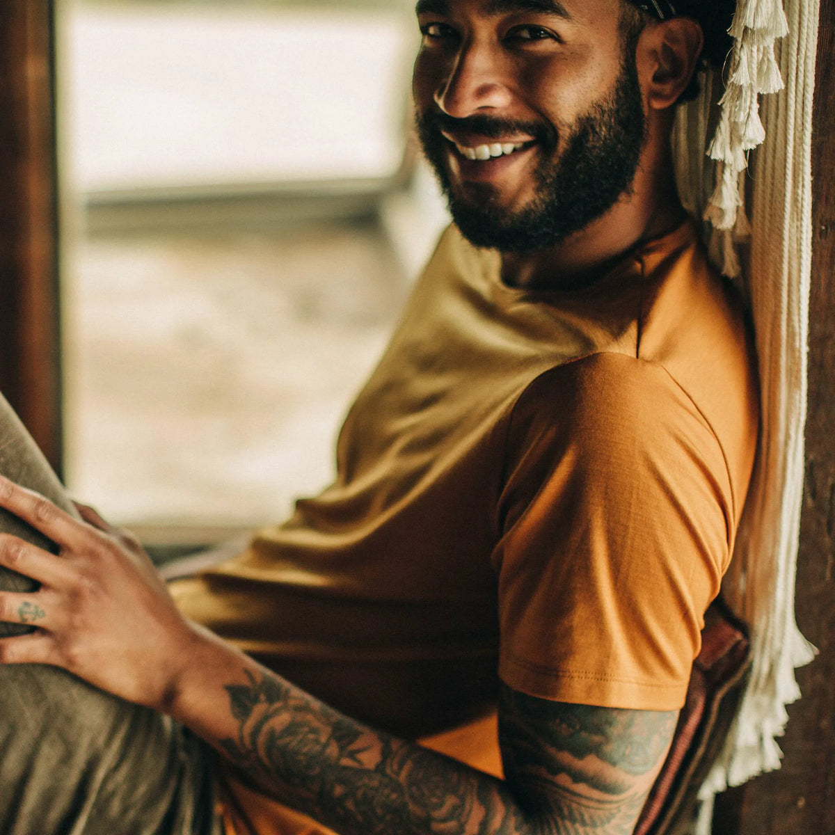 The Merino Tee in Heather Saffron