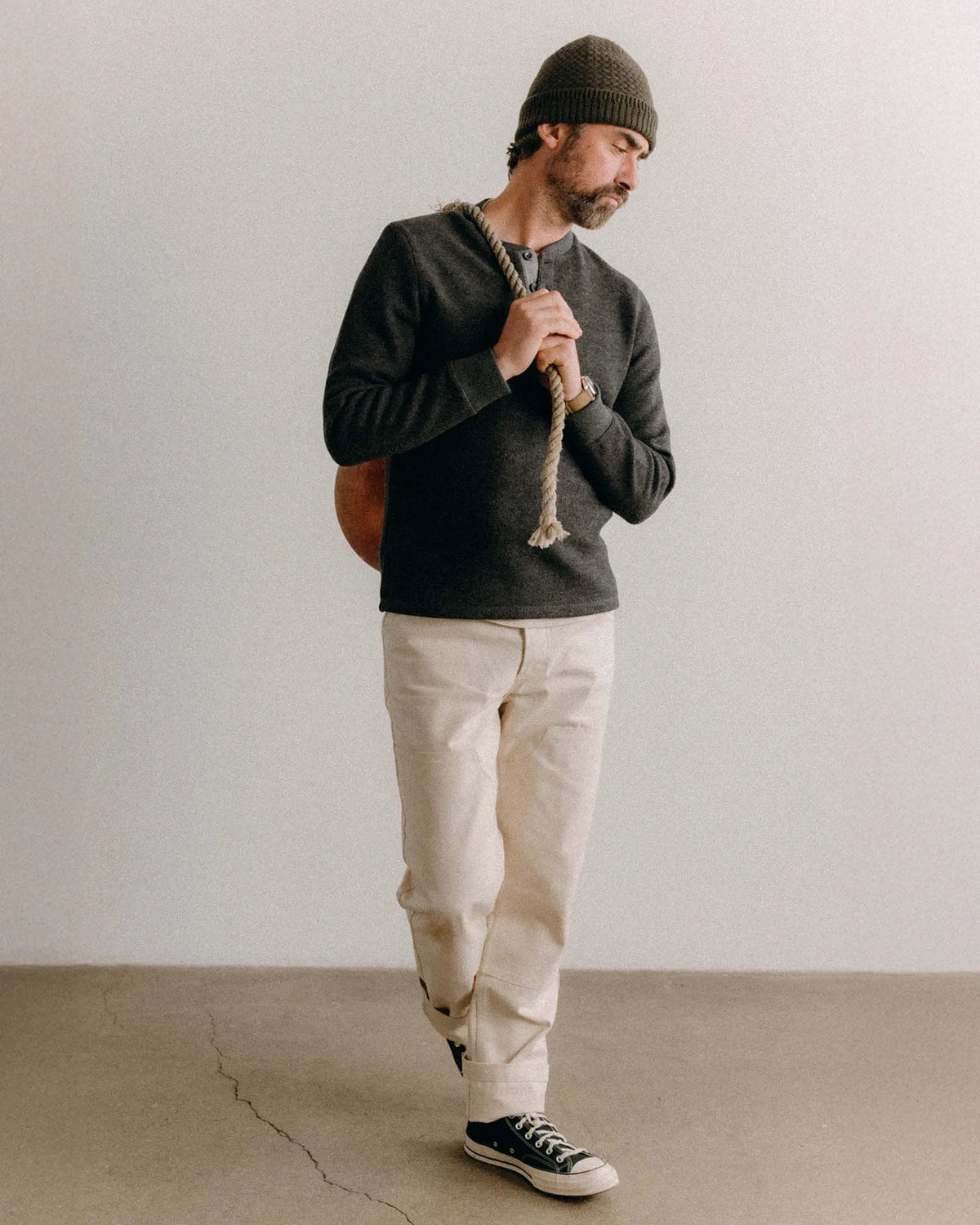 The Evans Henley in Charcoal Birdseye Wool
