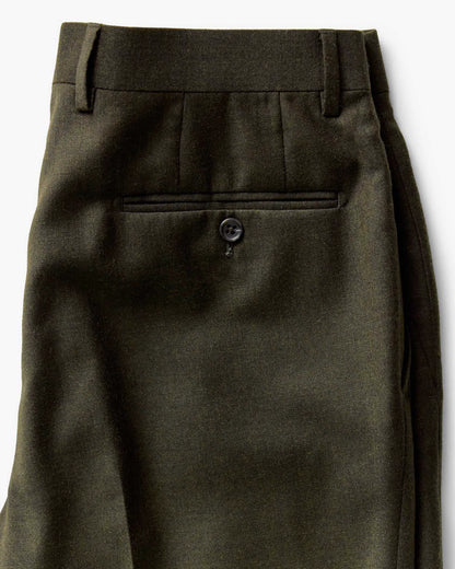 The Stevens Trouser in Black Olive Wool Flannel