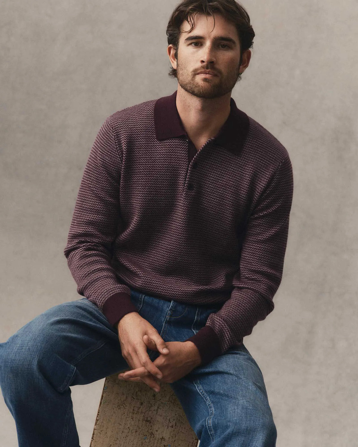 The Newton Sweater Polo in Burgundy Birdseye Merino