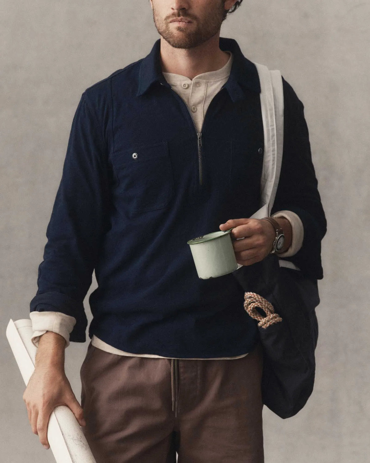 The Tiller Half Zip in Rinsed Indigo Slub