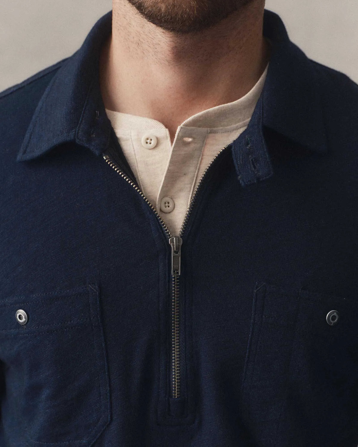 The Tiller Half Zip in Rinsed Indigo Slub