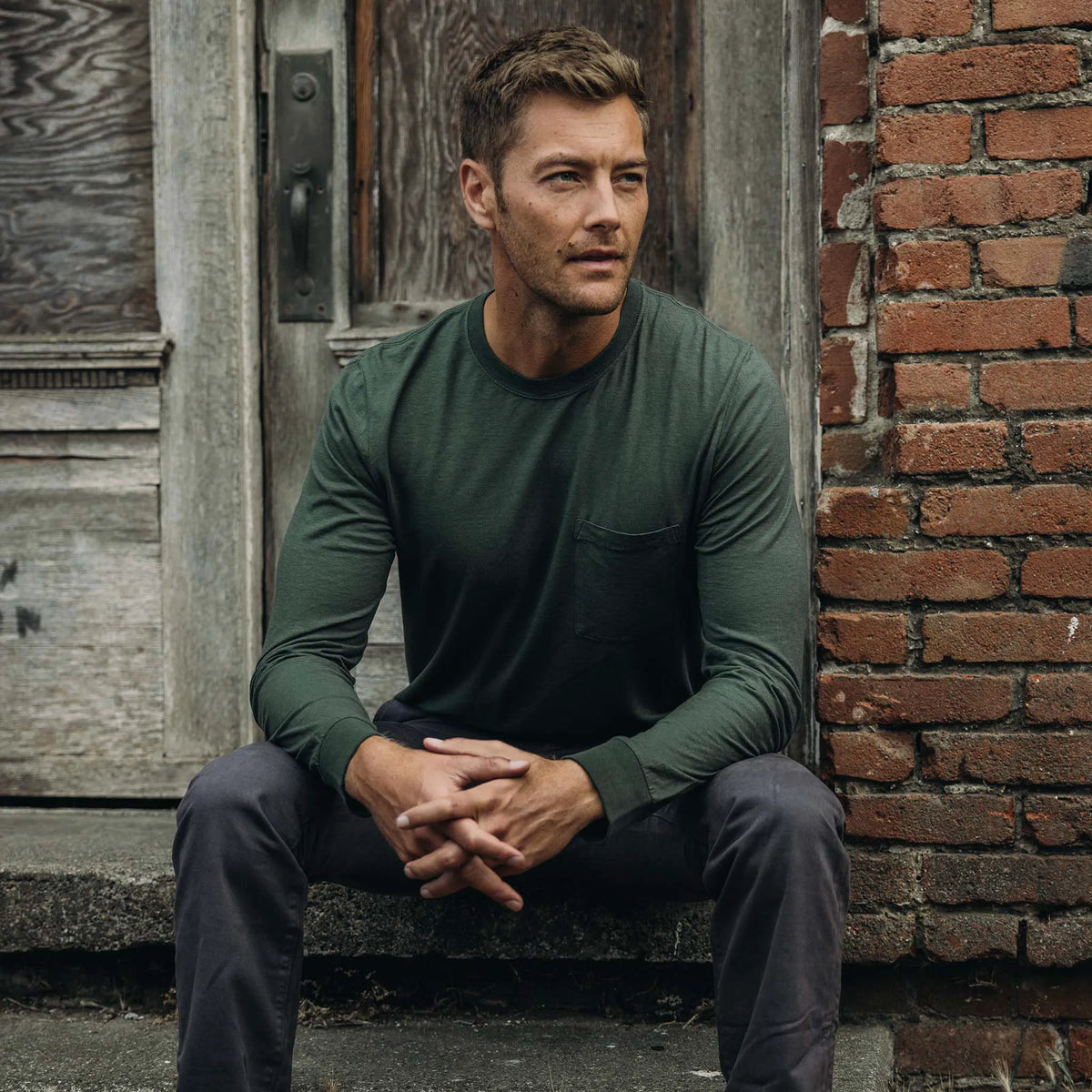 The Cotton Hemp Long Sleeve Tee in Pine