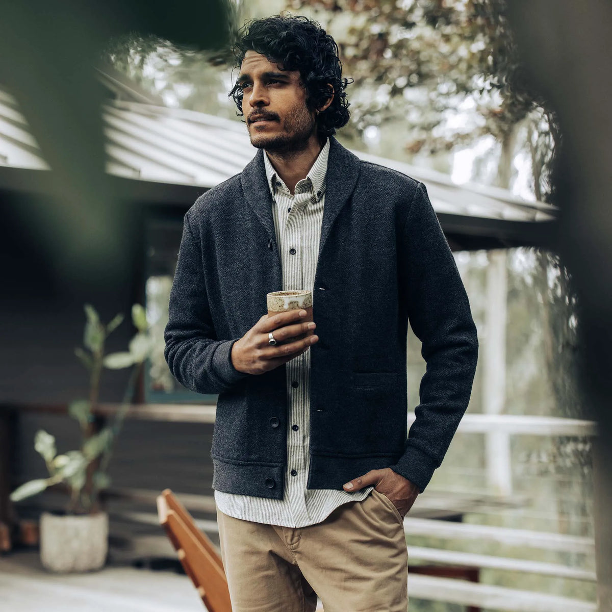 The Weekend Cardigan in Charcoal Herringbone Wool