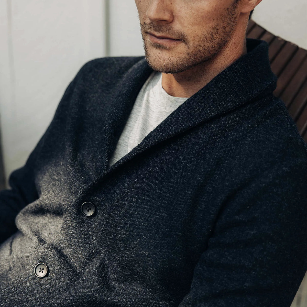 The Weekend Cardigan in Navy Herringbone Wool