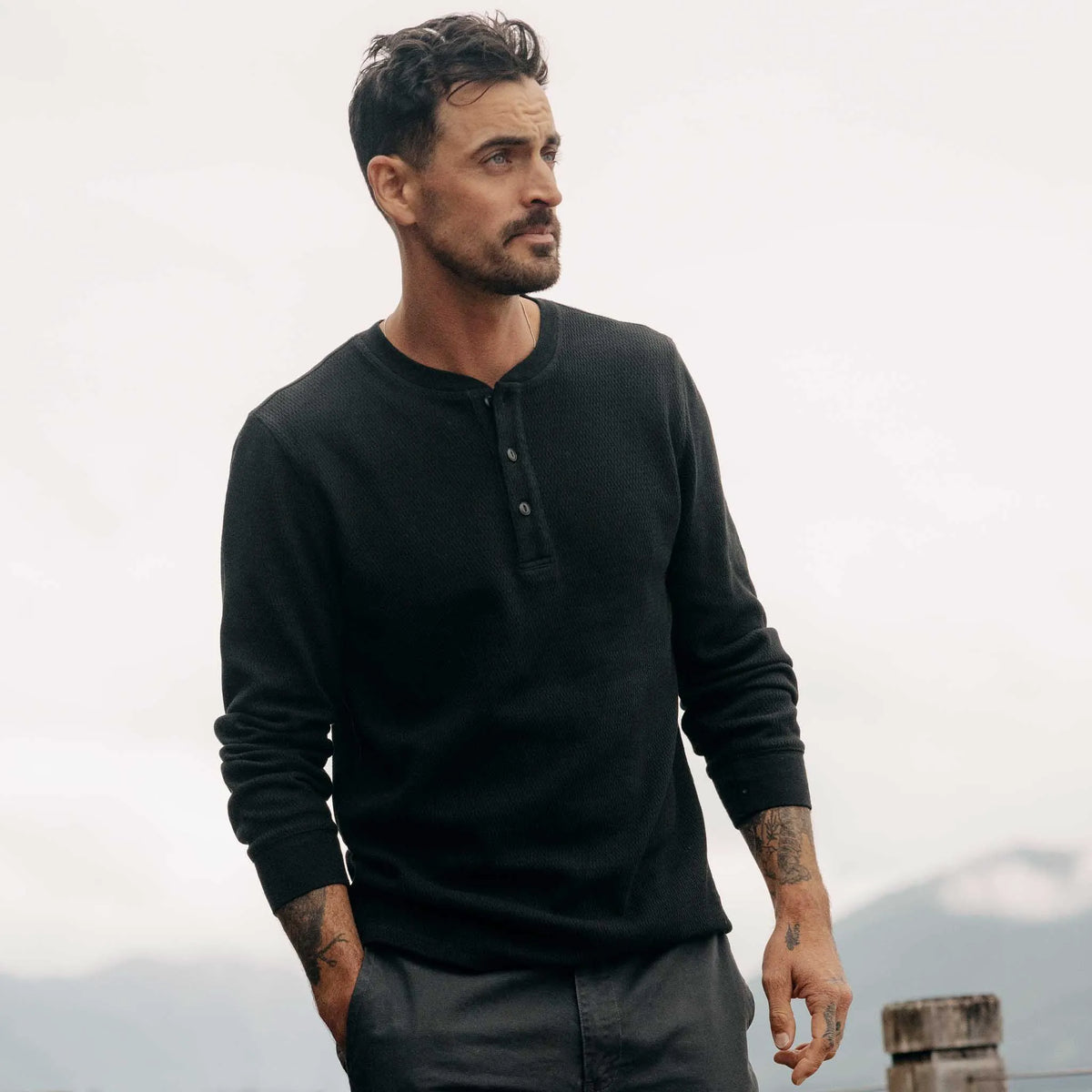 The Organic Cotton Henley in Faded Black Waffle