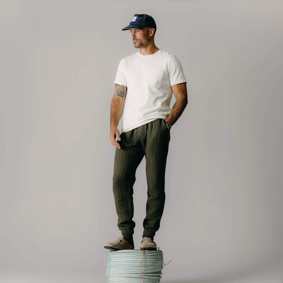 The Apres Pant in Heather Fatigue Olive Quilted Jersey