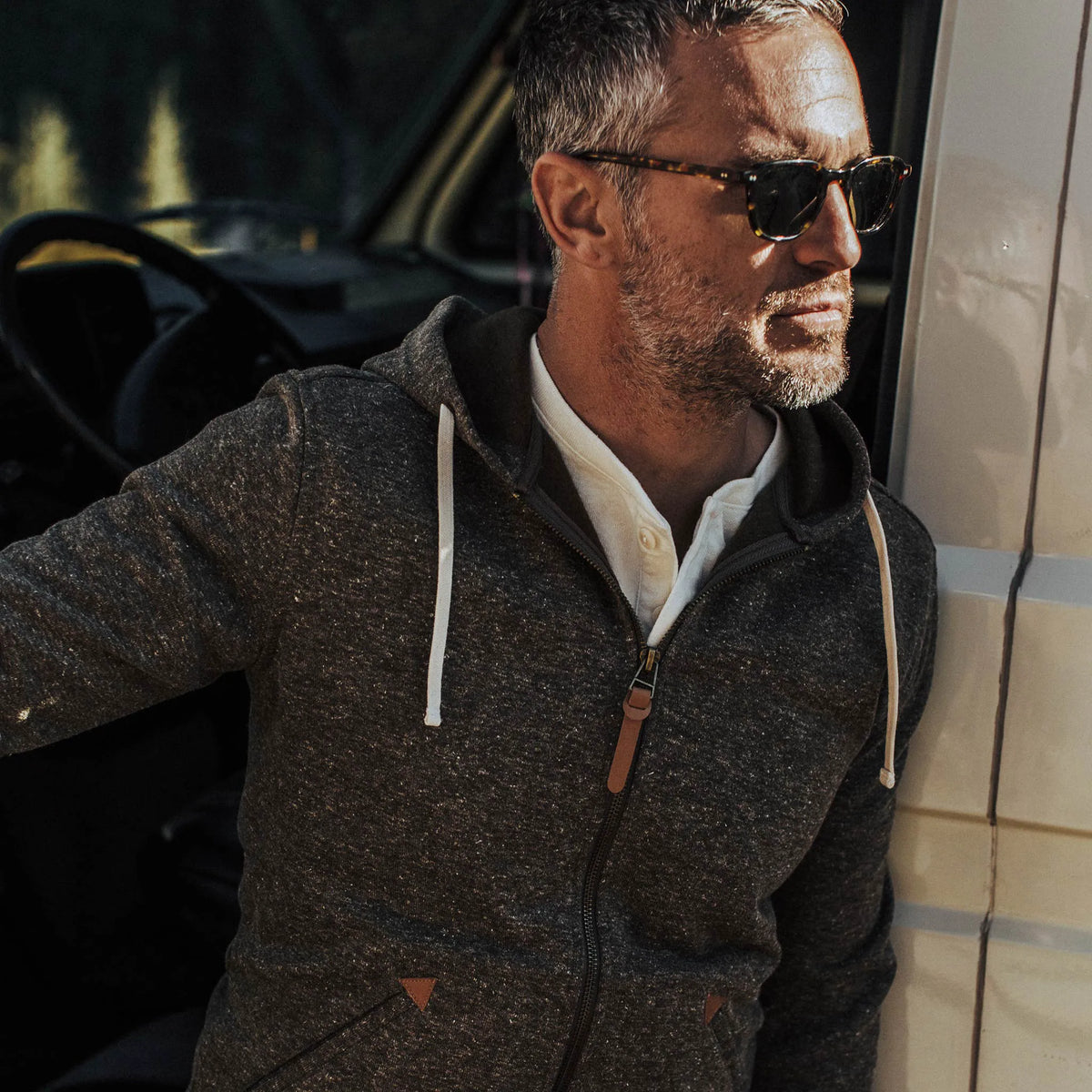 The Après Hoodie in Olive Hemp Donegal