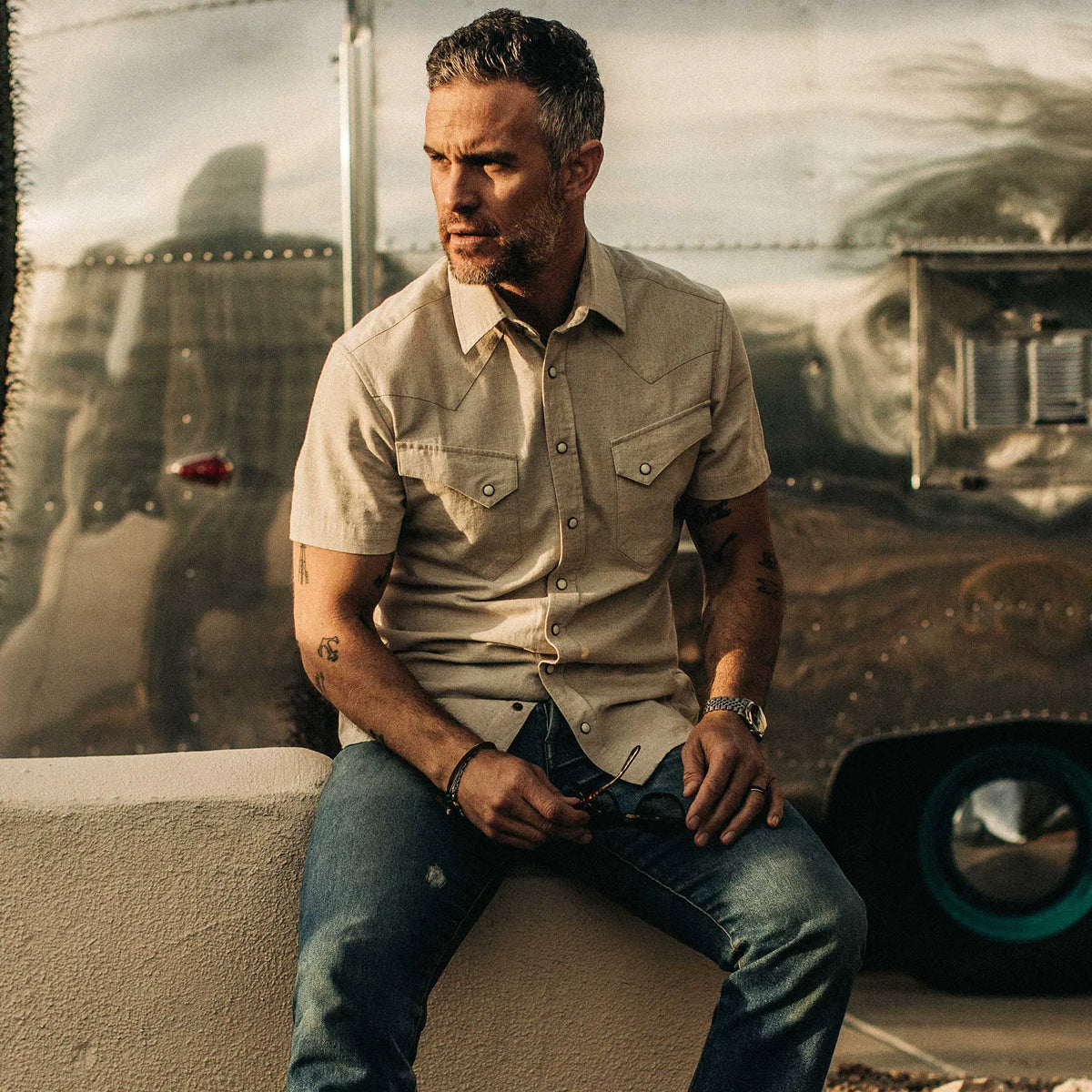 The Short Sleeve Western in Natural Herringbone