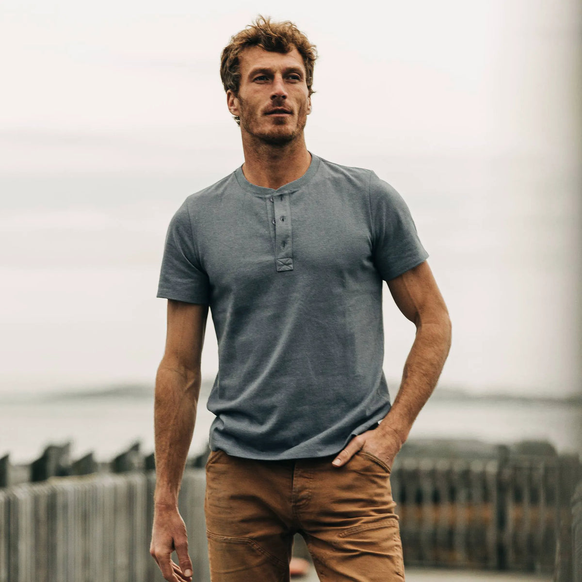 The Short Sleeve Heavy Bag Henley in Atlantic Blue