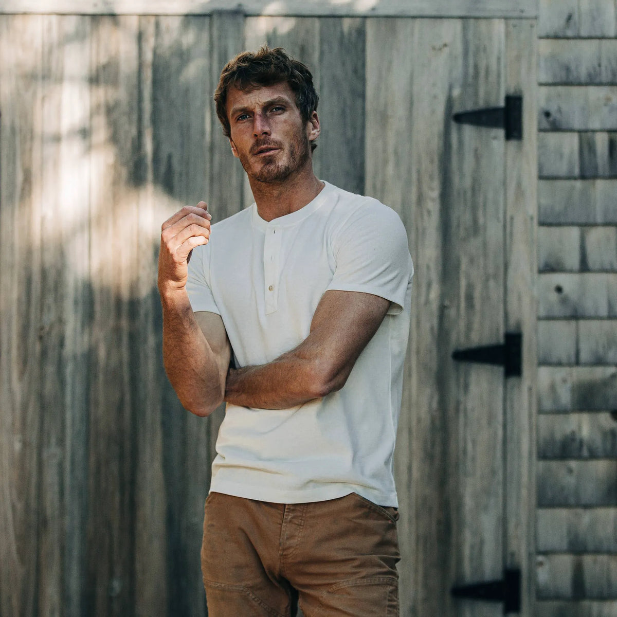 The Short Sleeve Heavy Bag Henley in Natural