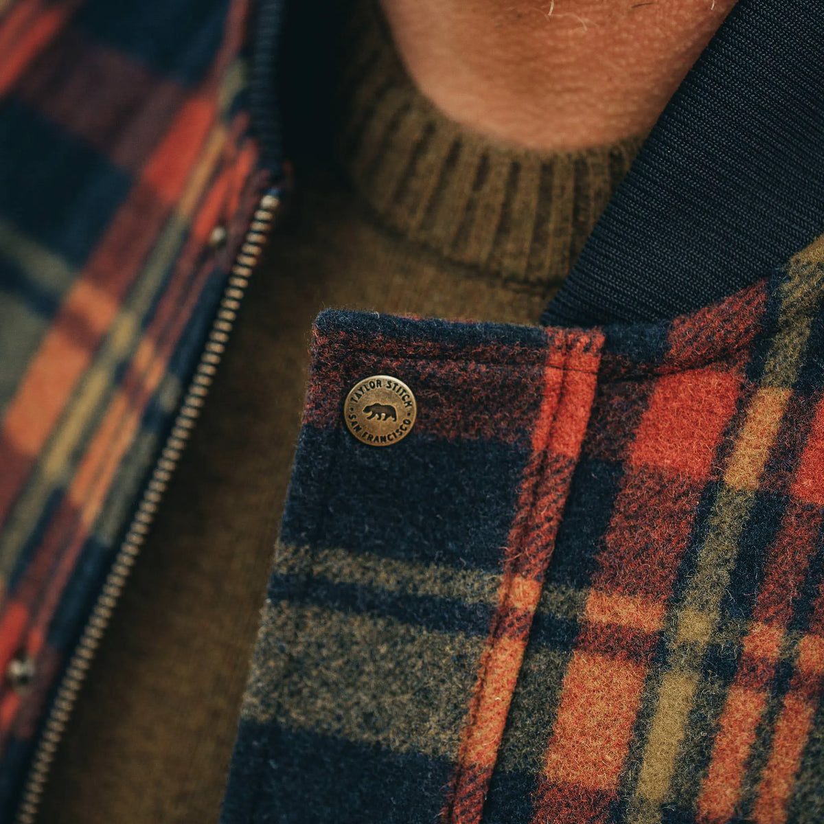 The Bomber Jacket in Navy Plaid Wool
