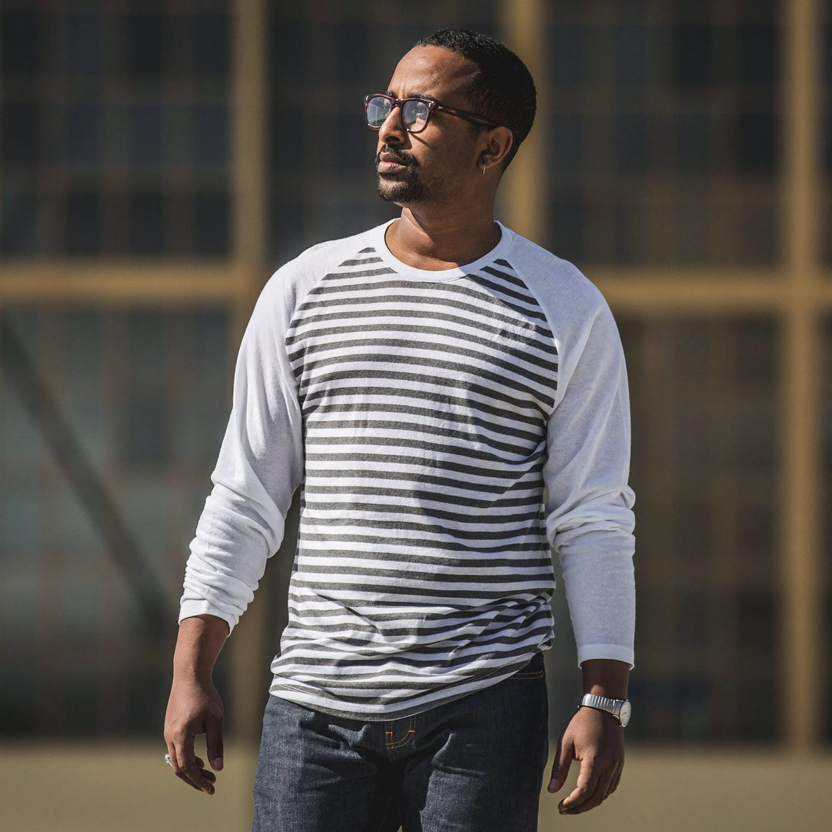 The Triblend Long Sleeve in Charcoal Stripe