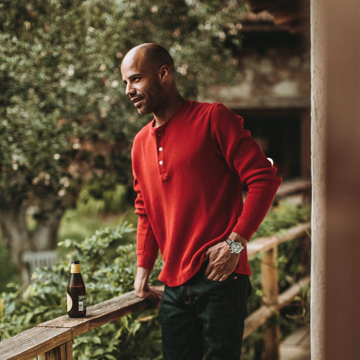 The Heavy Bag Waffle Henley in Cardinal